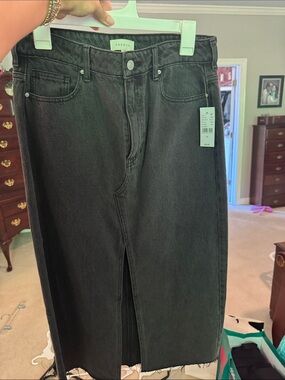PacSun Black Straight Denim Midi Skirt with Front Slit